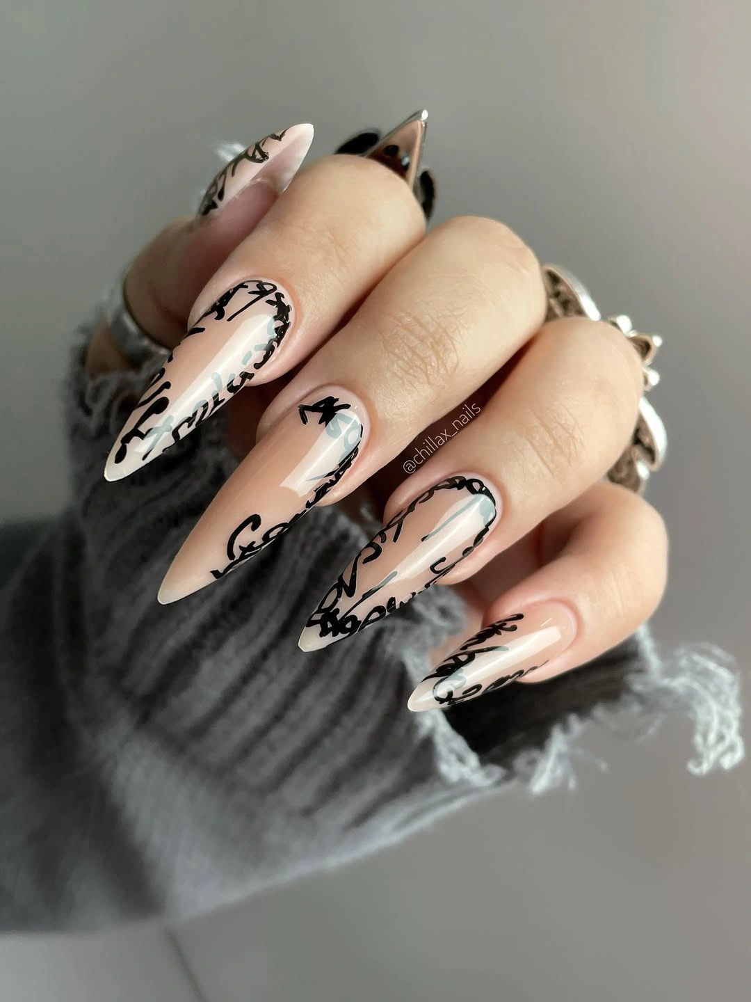 fall nails for pale skin 2026 Nude Script Stiletto Nails