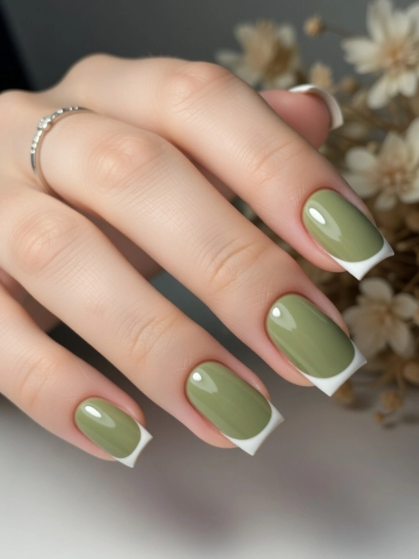 fall nails for pale skin 2026 Olive Green French Square Nails