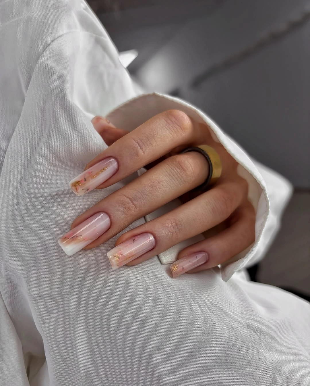 fall nails for pale skin 2026 Milky Blush Nails With Golden Flecks