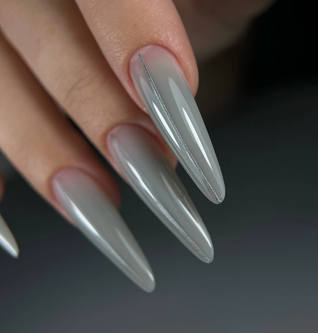 fall nails for pale skin 2026 Glossy Gray Stiletto Nails