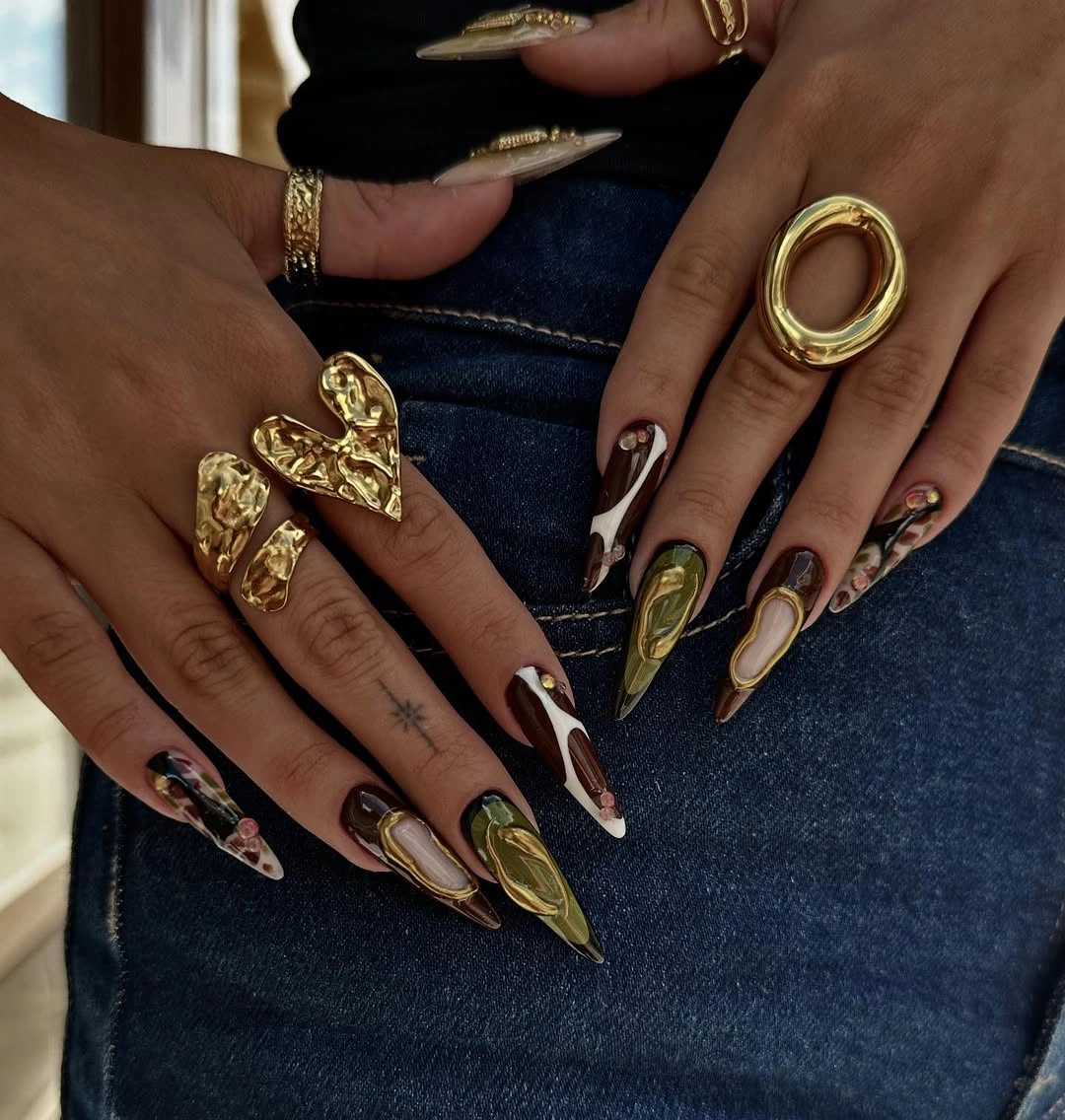 Fall nails for tan skin tone olive chocolate gold luxury nail art