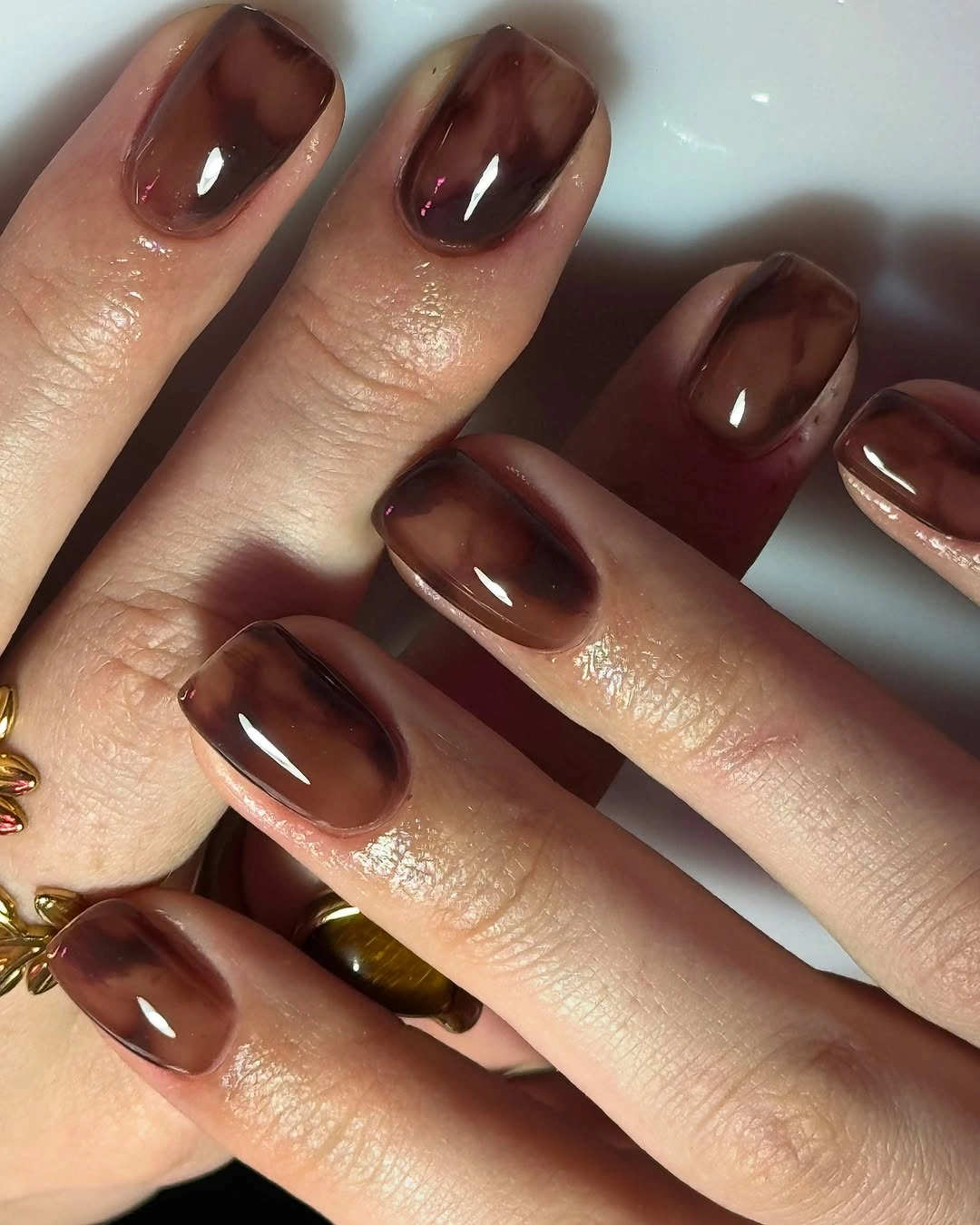 Fall nails for tan skin tone glossy chocolate short nails