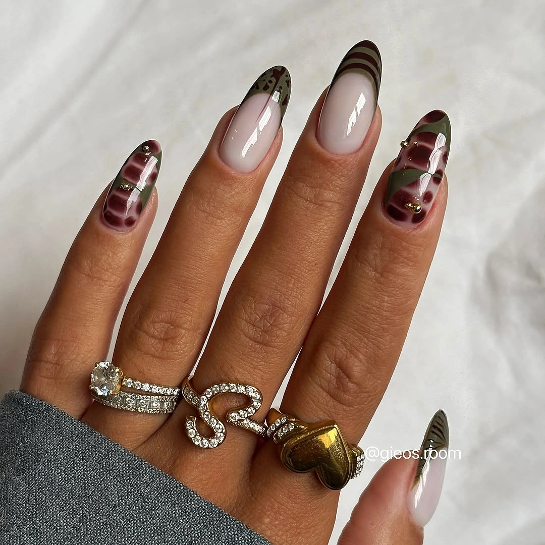 Fall nails for tan skin tone burgundy olive almond nail art