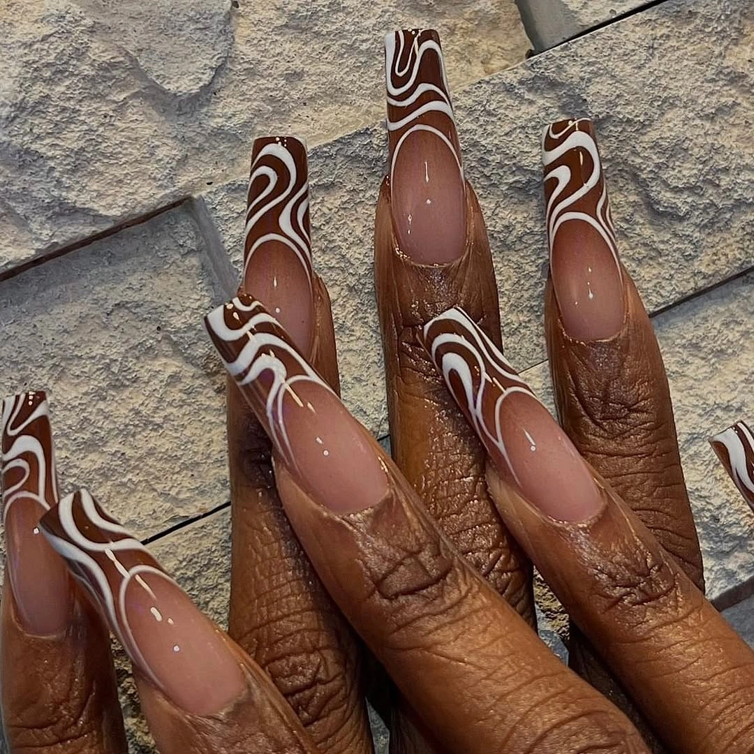 Fall nails for tan skin tone chocolate swirl French tips