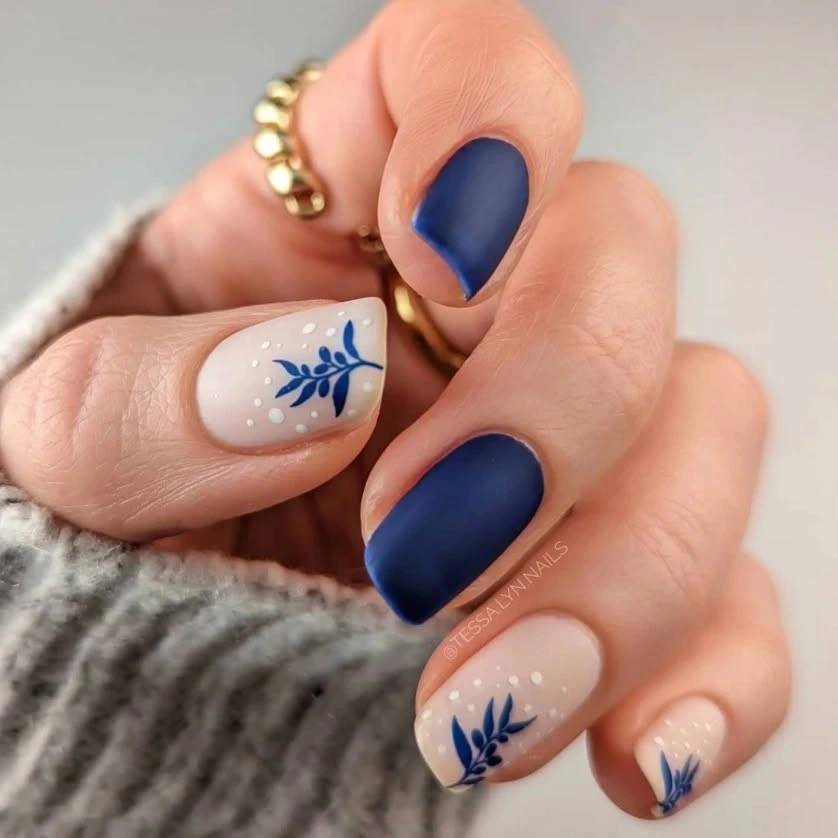 fall nails with accent nail Matte Navy Nails With Botanical Accents