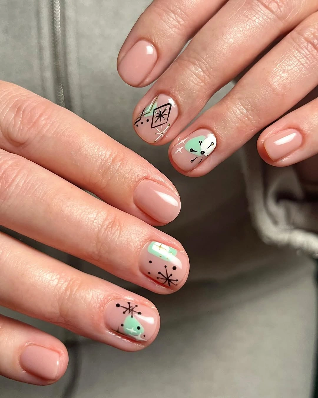 fall nails with accent nail Mint Retro Art On Nude Nails