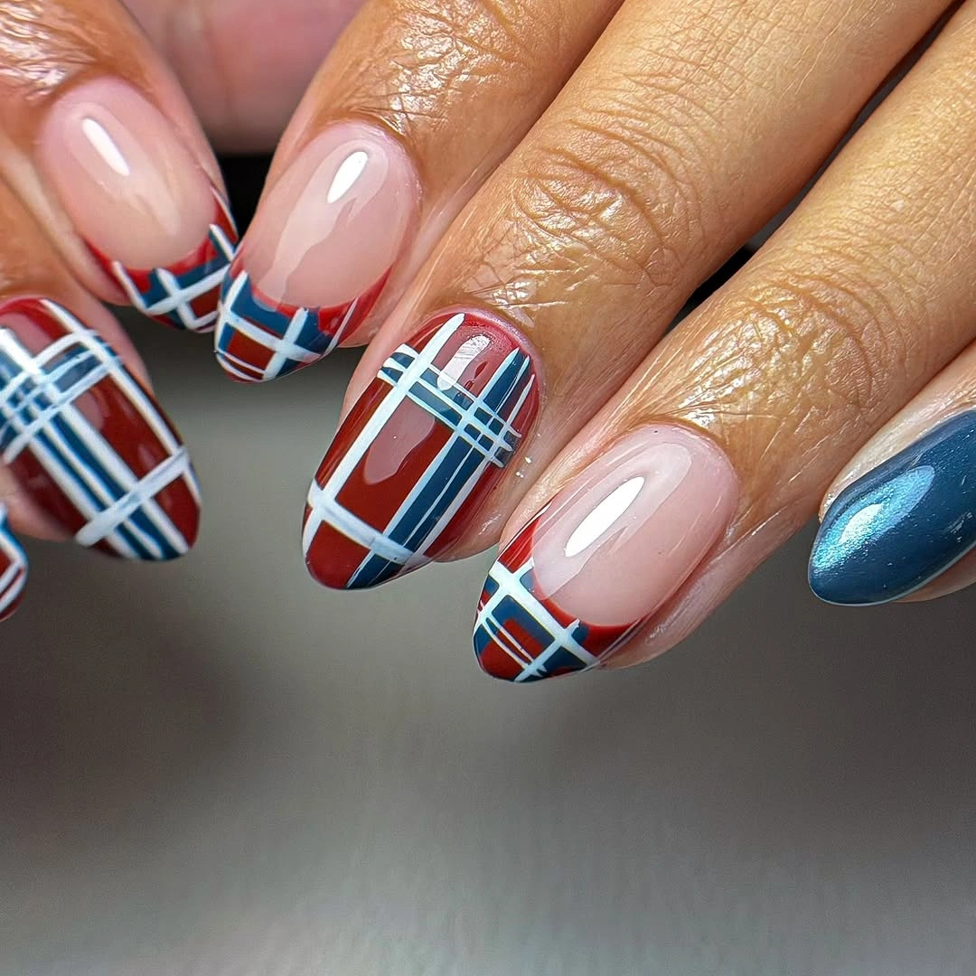 fall nails with accent nail Burgundy And Blue Plaid Nails