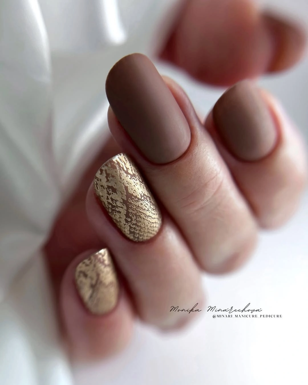 fall nails with accent nail Matte Taupe Nails With Gold Texture