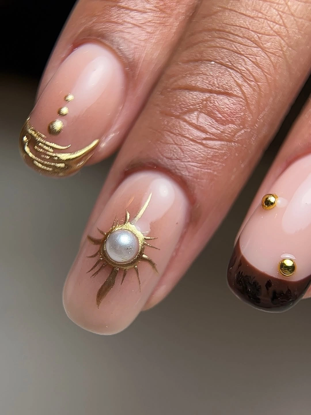 fall nails with accent nail Chocolate French Nails With Golden Celestial Art