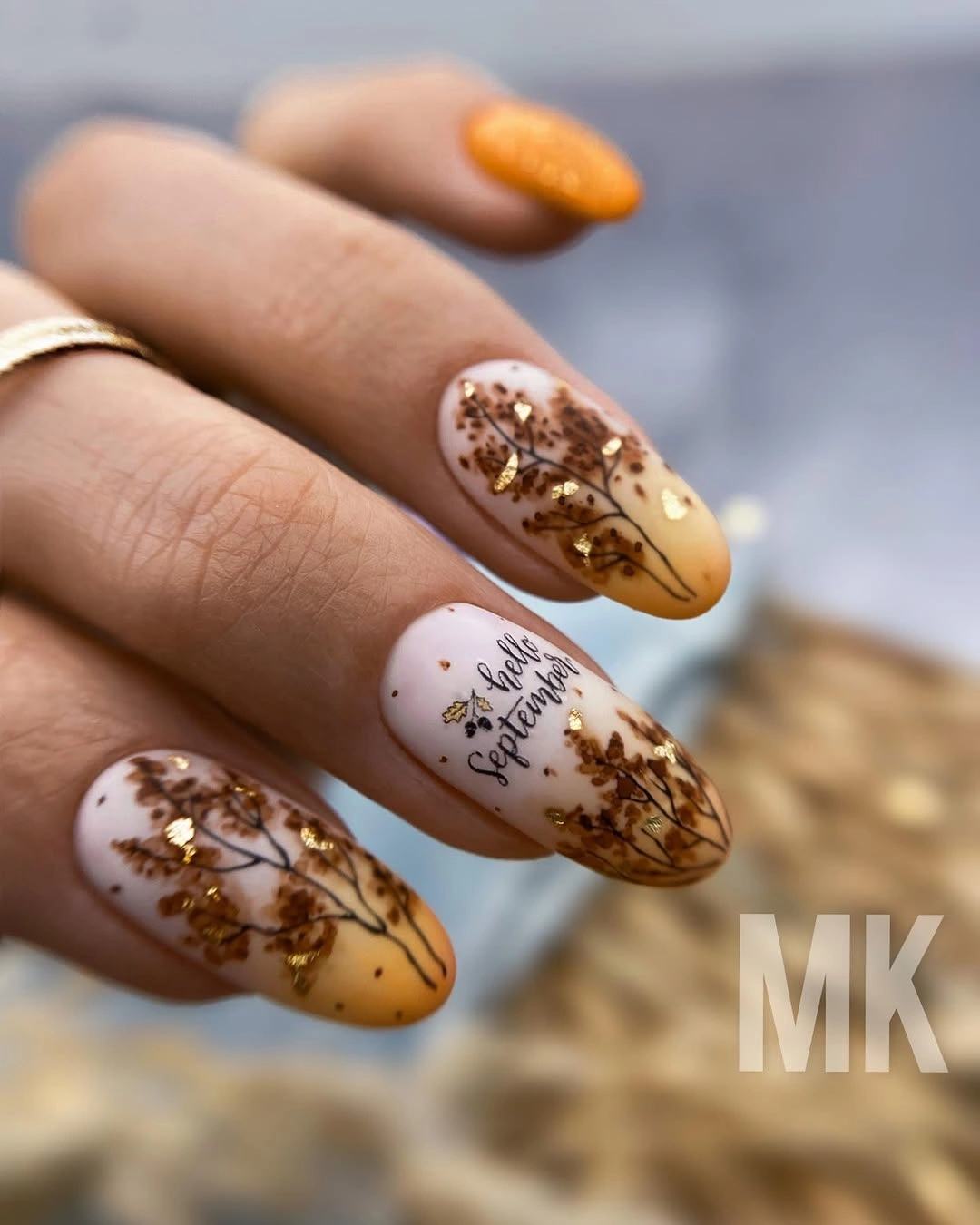 fall nails with accent nail Amber Botanical Nails With Gold Leaf