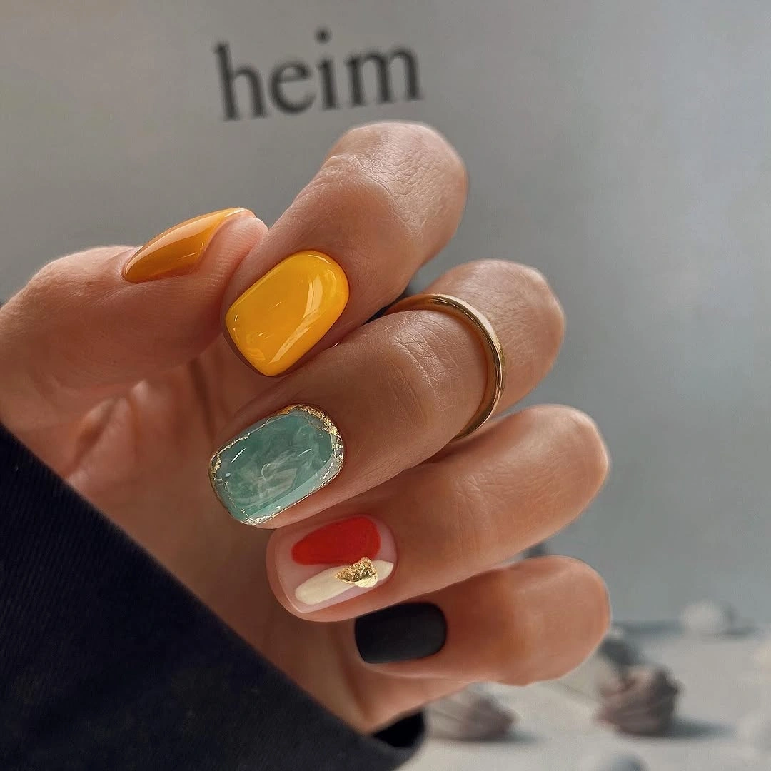 fall nails with accent nail Color Block Nails With A Glassy Blue Accent