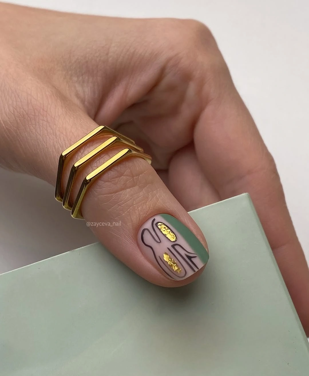 fall nails with accent nail Sage Green Line Art With Gold Foil