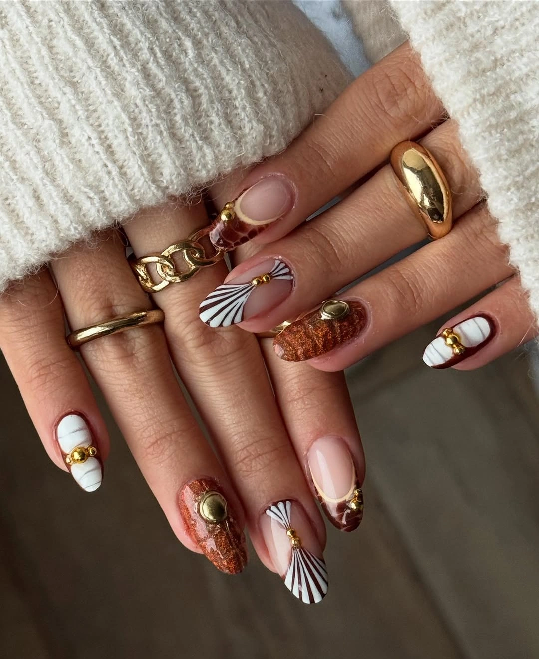 fall nails with autumn designs Burnished Burgundy and Gold Almond Art