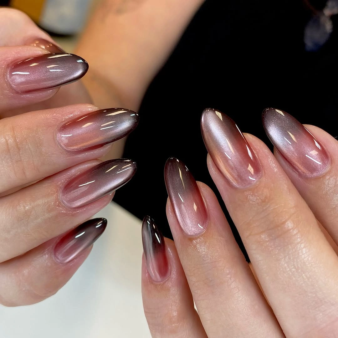 fall nails with autumn designs Soft Mocha Cat Eye Almond Nails