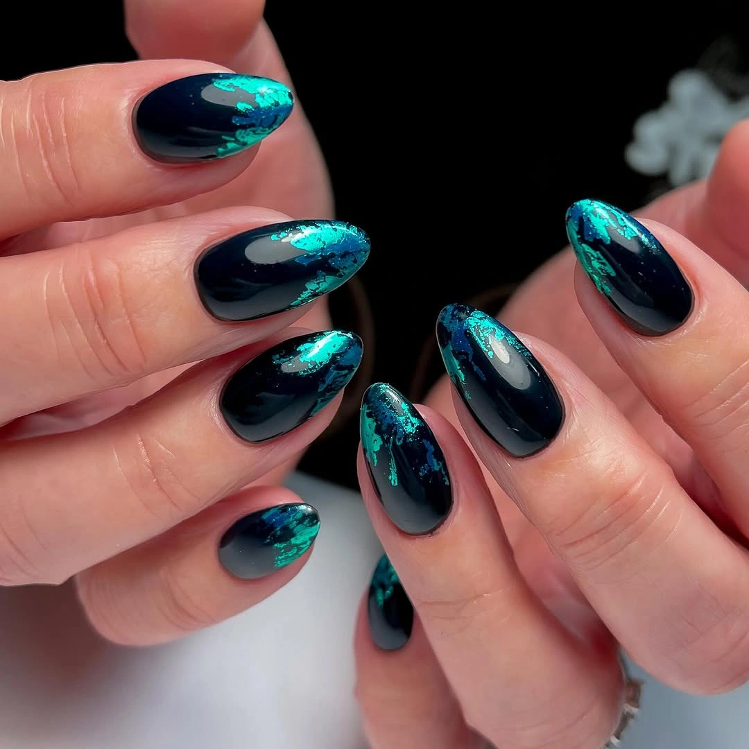 fall nails with autumn designs Midnight Teal Foil Almond Nails