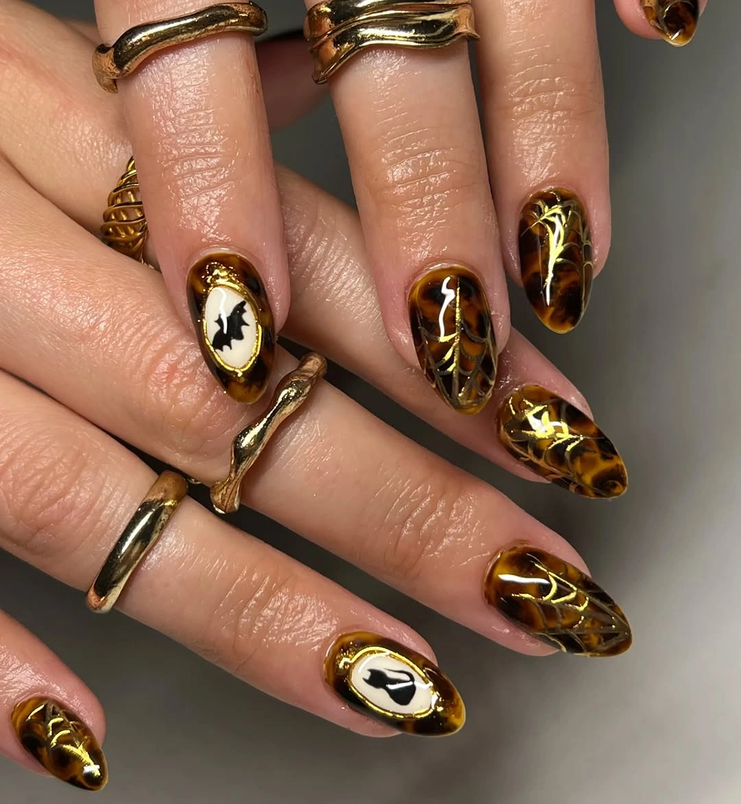 fall nails with autumn designs Golden Tortoiseshell Web Nails