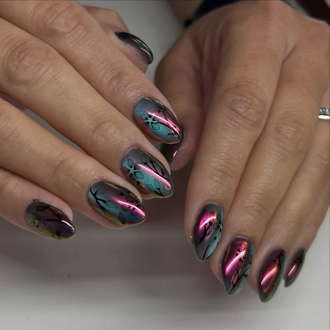 fall nails with autumn designs Neon Cat Eye Floral Nails