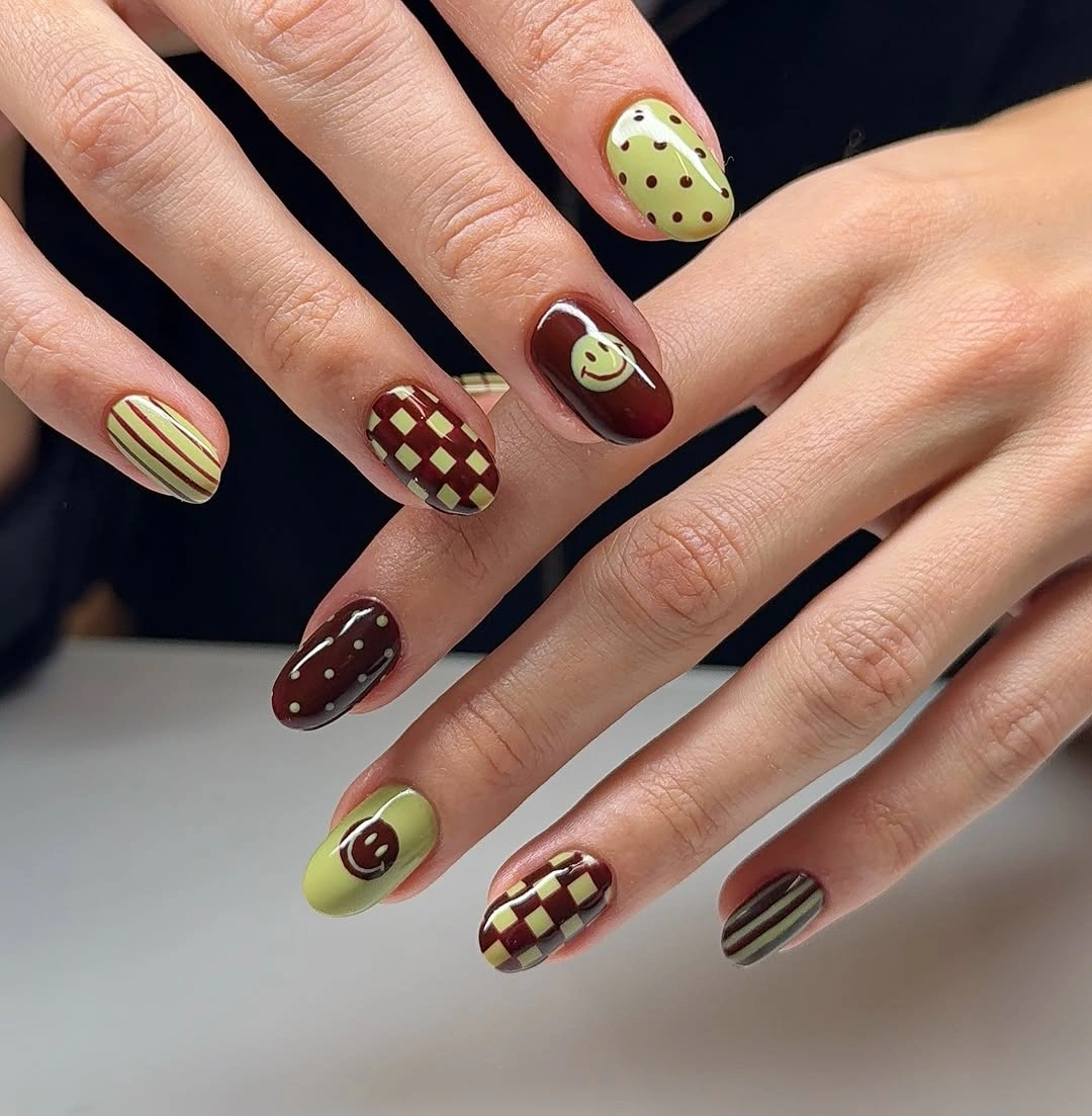 fall nails with autumn designs Olive and Burgundy Retro Nail Art