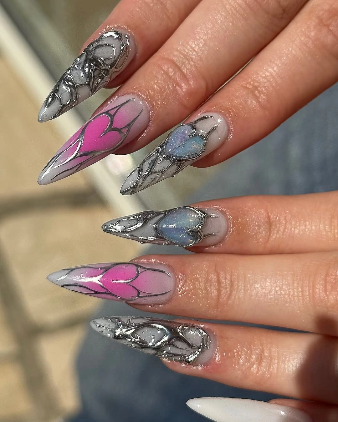 fall nails with autumn designs Silver Stained Glass Stiletto Nails