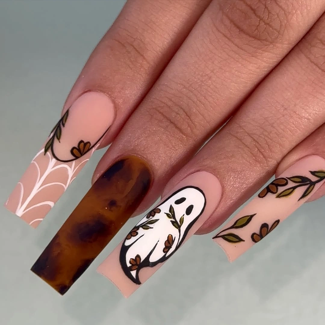 fall nails with autumn designs Autumn Leaves and Friendly Ghost Coffin Nails