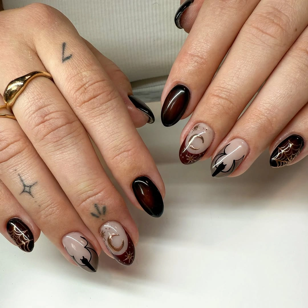 fall nails with autumn designs Midnight Spiderweb Almond Nails