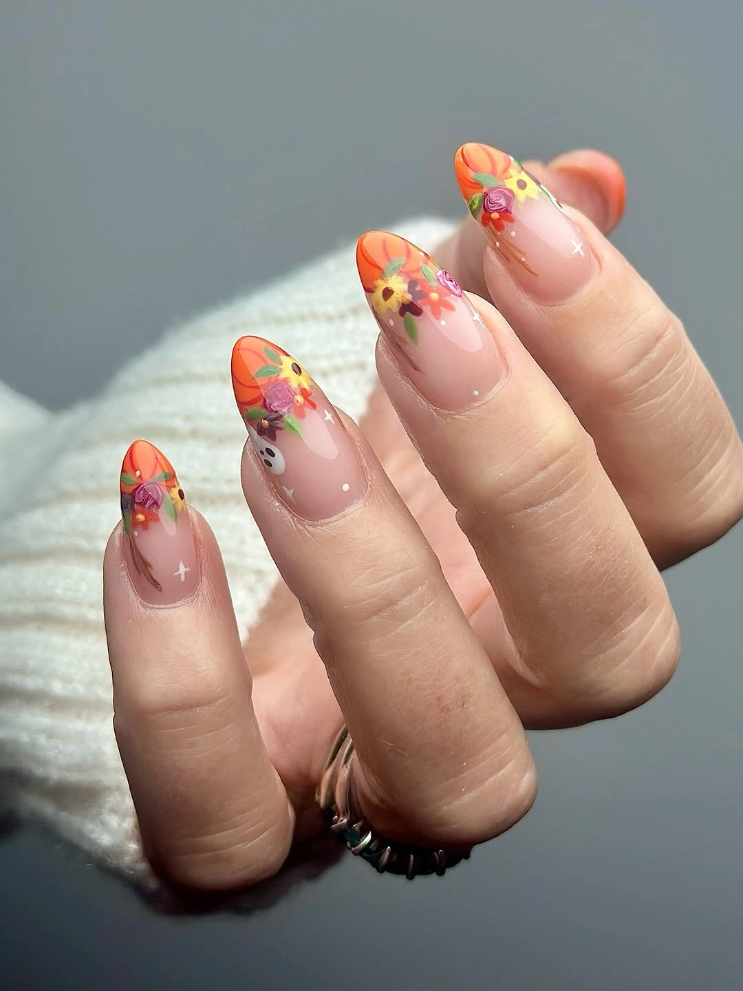 fall nails with autumn designs Orange Floral Almond Tips