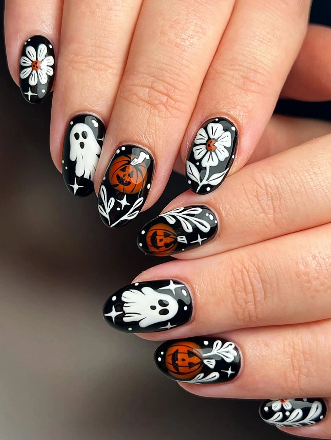 fall nails with pumpkins 2026 Black Pumpkin and Ghost Nails