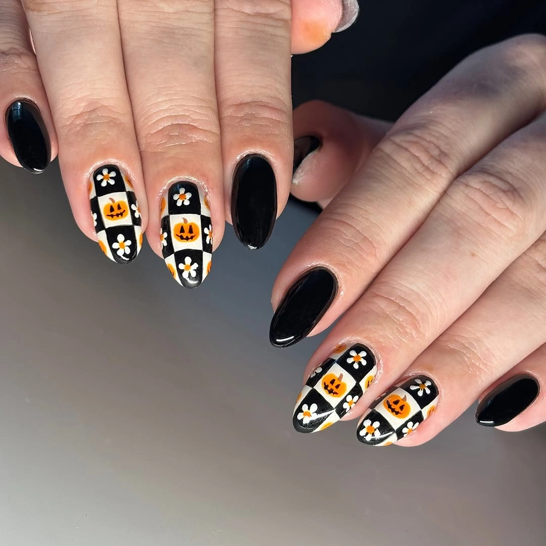 fall nails with pumpkins 2026 Retro Pumpkin Checkerboard