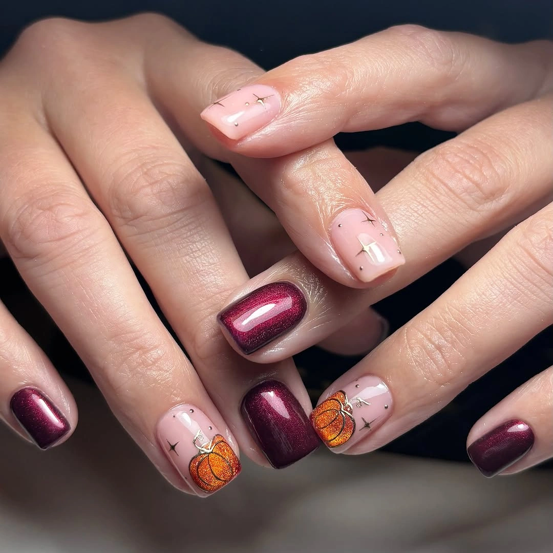 fall nails with pumpkins 2026 Burgundy Pumpkin Accent Nails