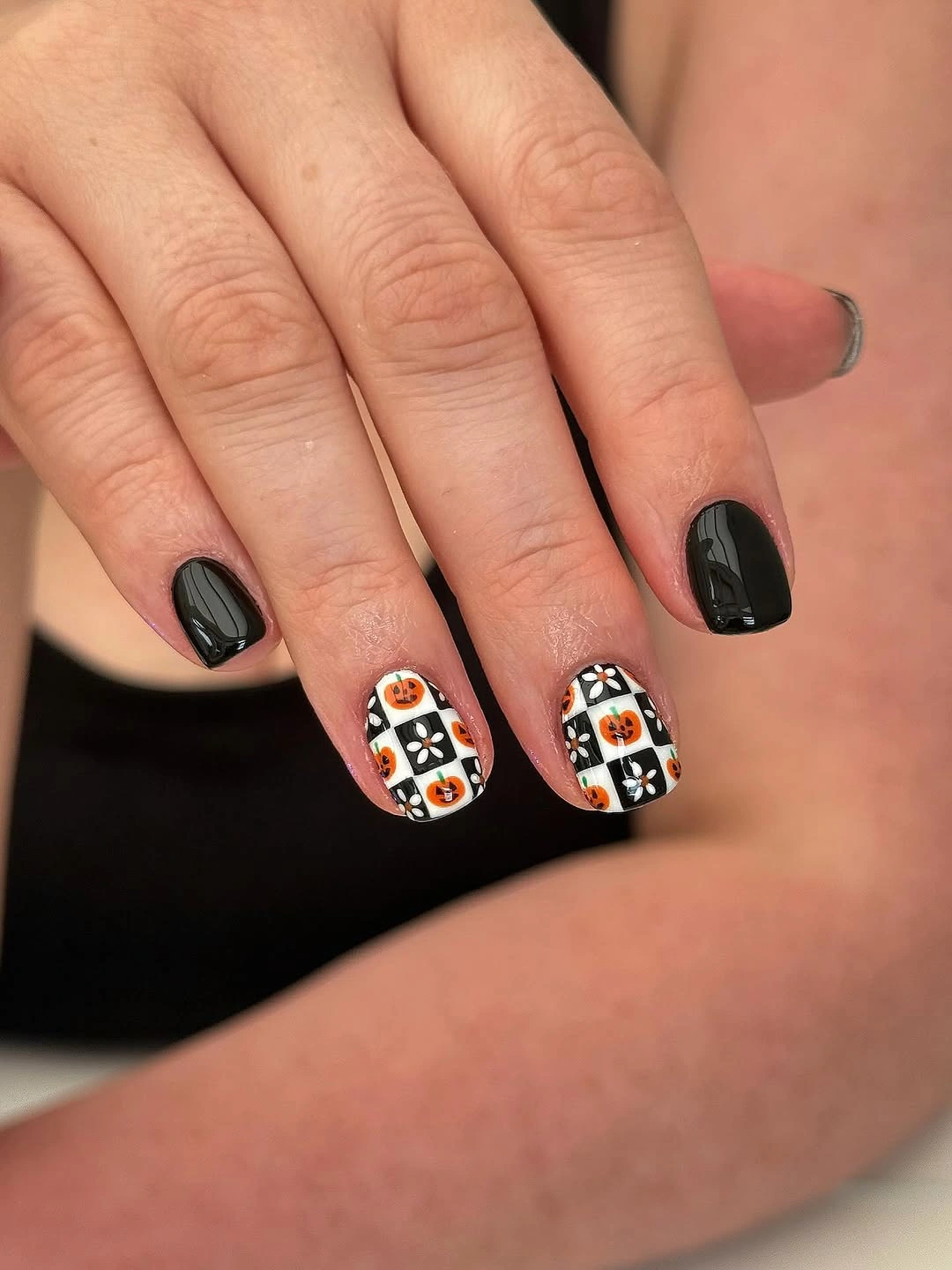 fall nails with pumpkins 2026 Retro Black Pumpkin Checkerboard