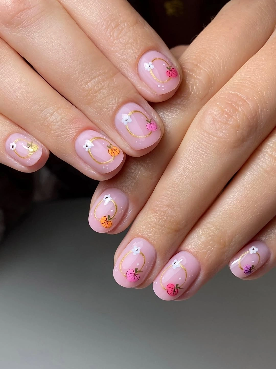 fall nails with pumpkins 2026 Delicate Pink Pumpkin Wreaths