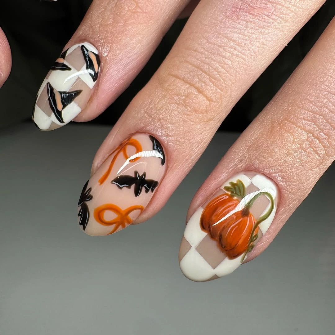 fall nails with pumpkins 2026 Witchy Pumpkin Checkerboard