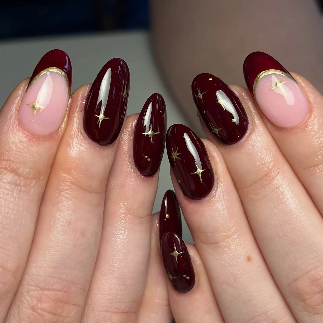 fall red nails 2026 Wine Red Nails With Golden Starbursts