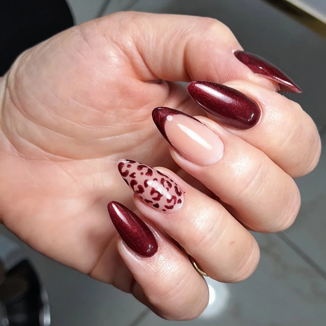 fall red nails 2026 Burgundy Cat Eye With Leopard Accent
