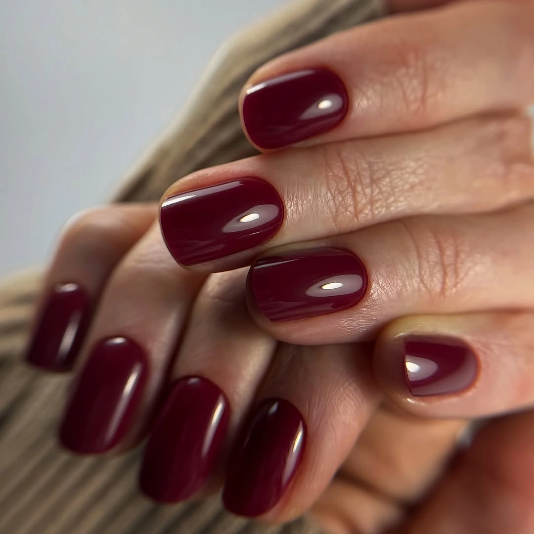 fall red nails 2026 Glossy Merlot Short Nails