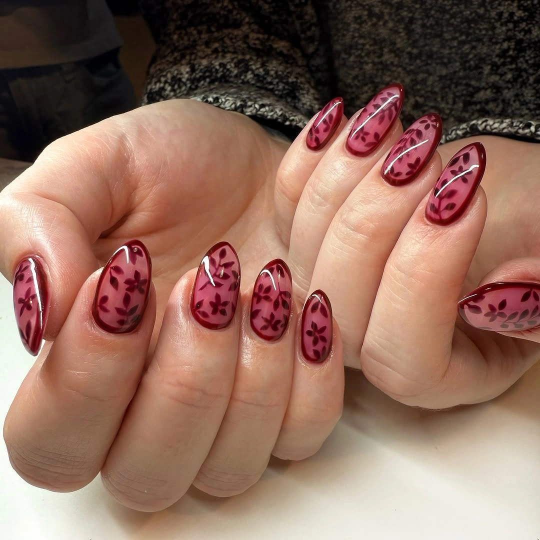 fall red nails 2026 Romantic Floral Nail Art In Wine Tones