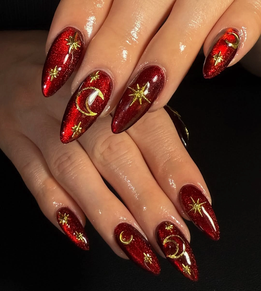 fall red nails 2026 Sparkling Crimson Celestial Nail Art