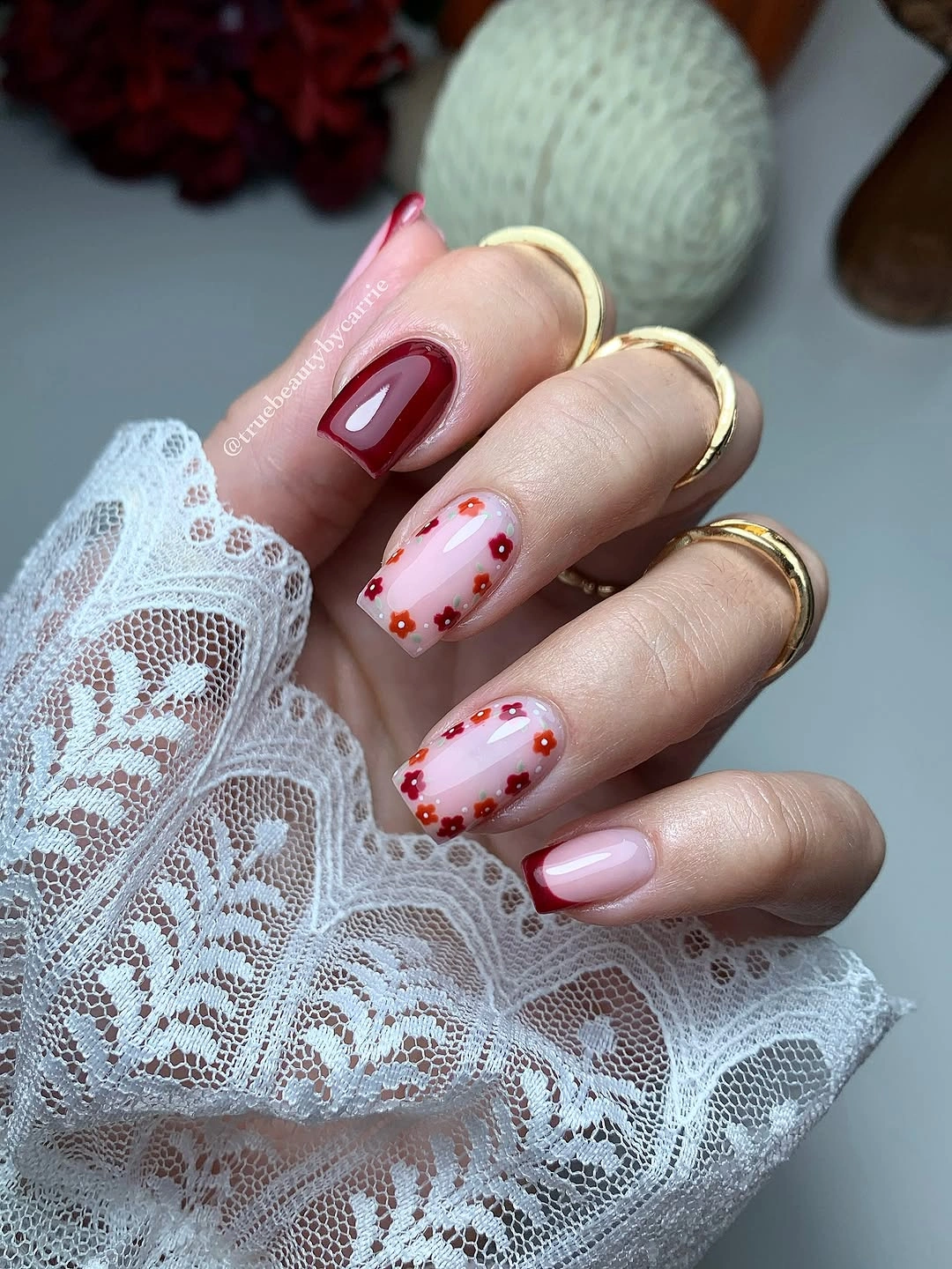 fall red nails 2026 Cute Floral French Tips With Autumn Red