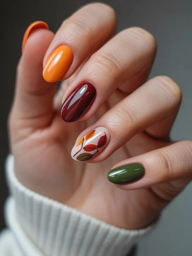 fall short almond nails 2026 Autumn Leaves With Earthy Color Blocking