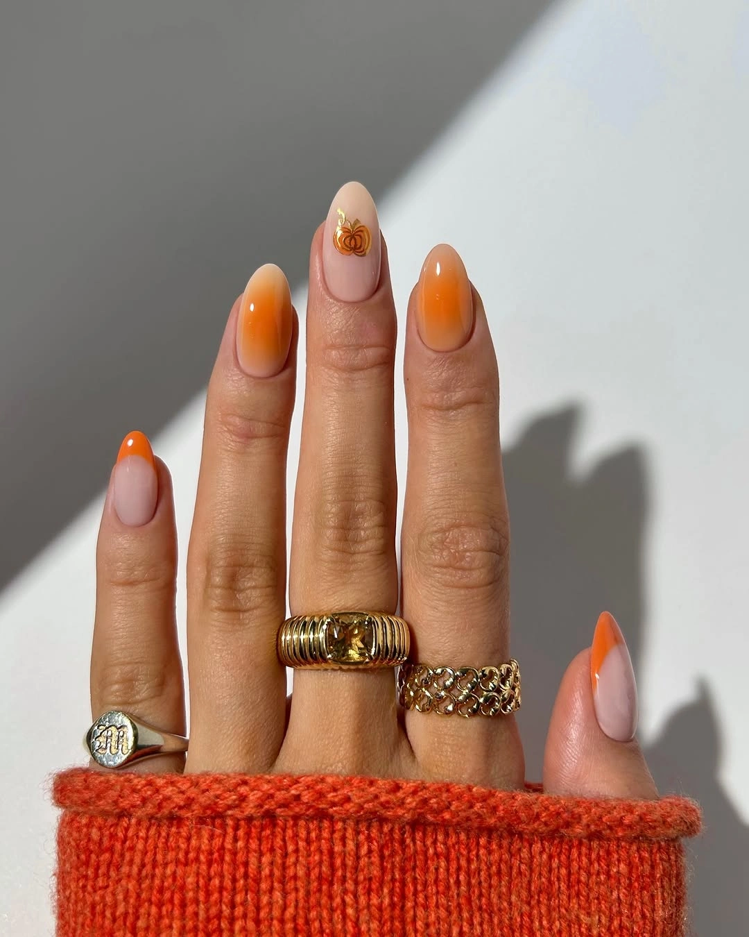 fall short almond nails 2026 Minimal Pumpkin Ombre French Tips