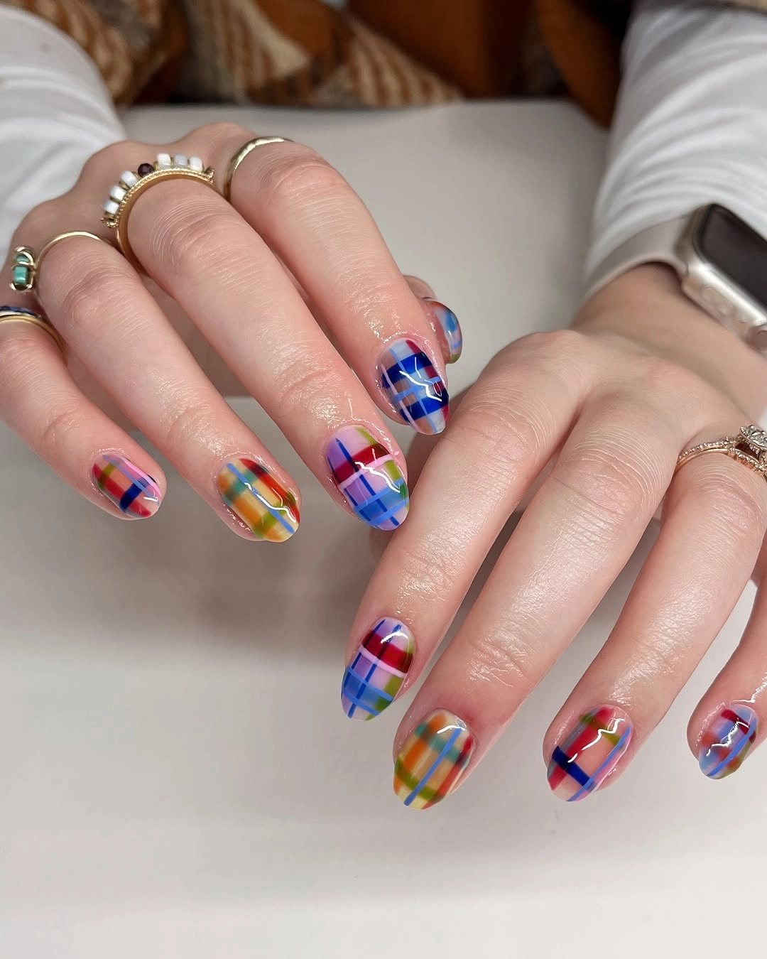 fall short almond nails 2026 Colorful Plaid Autumn Nails
