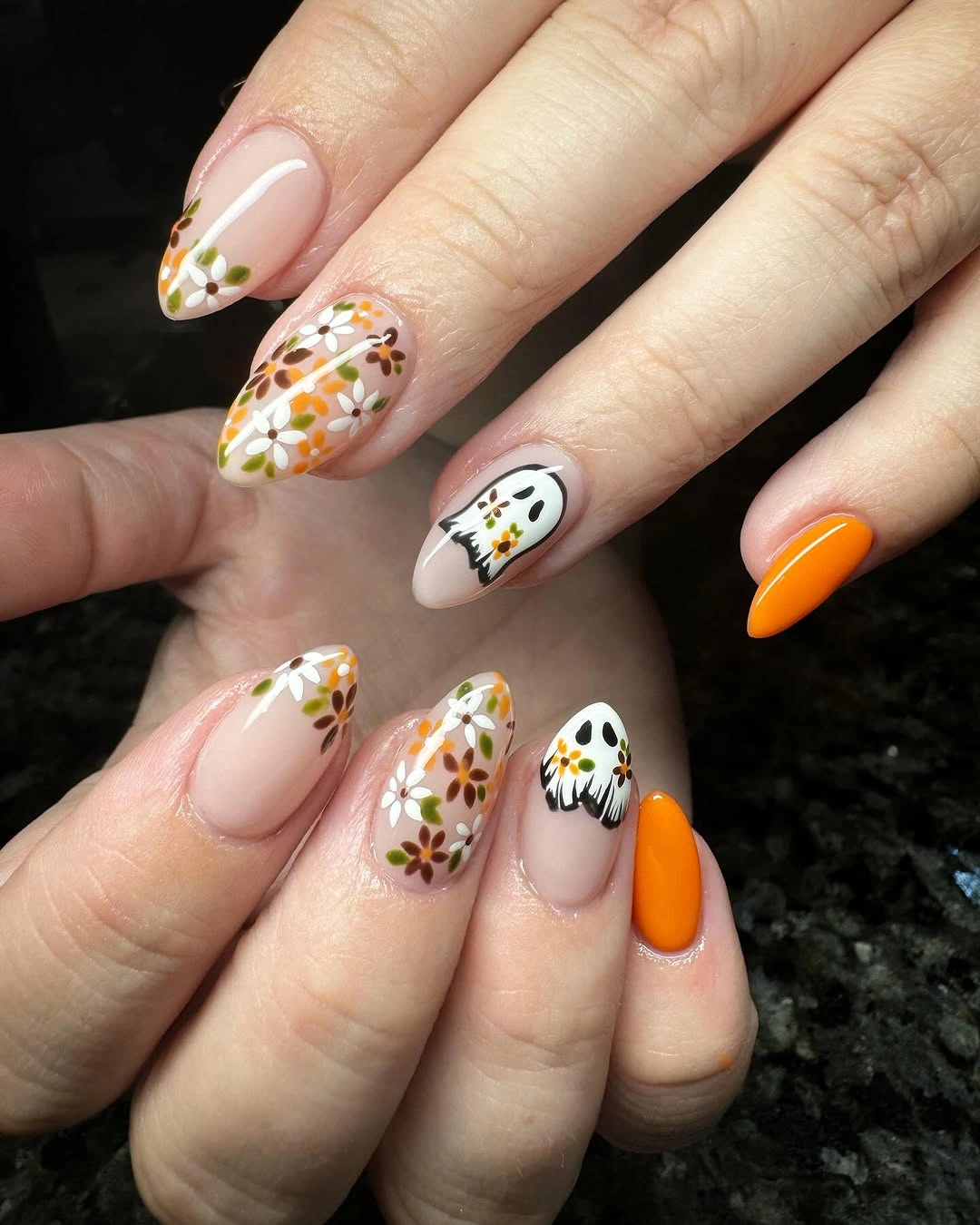 fall short almond nails 2026 Playful Floral Ghost Nails