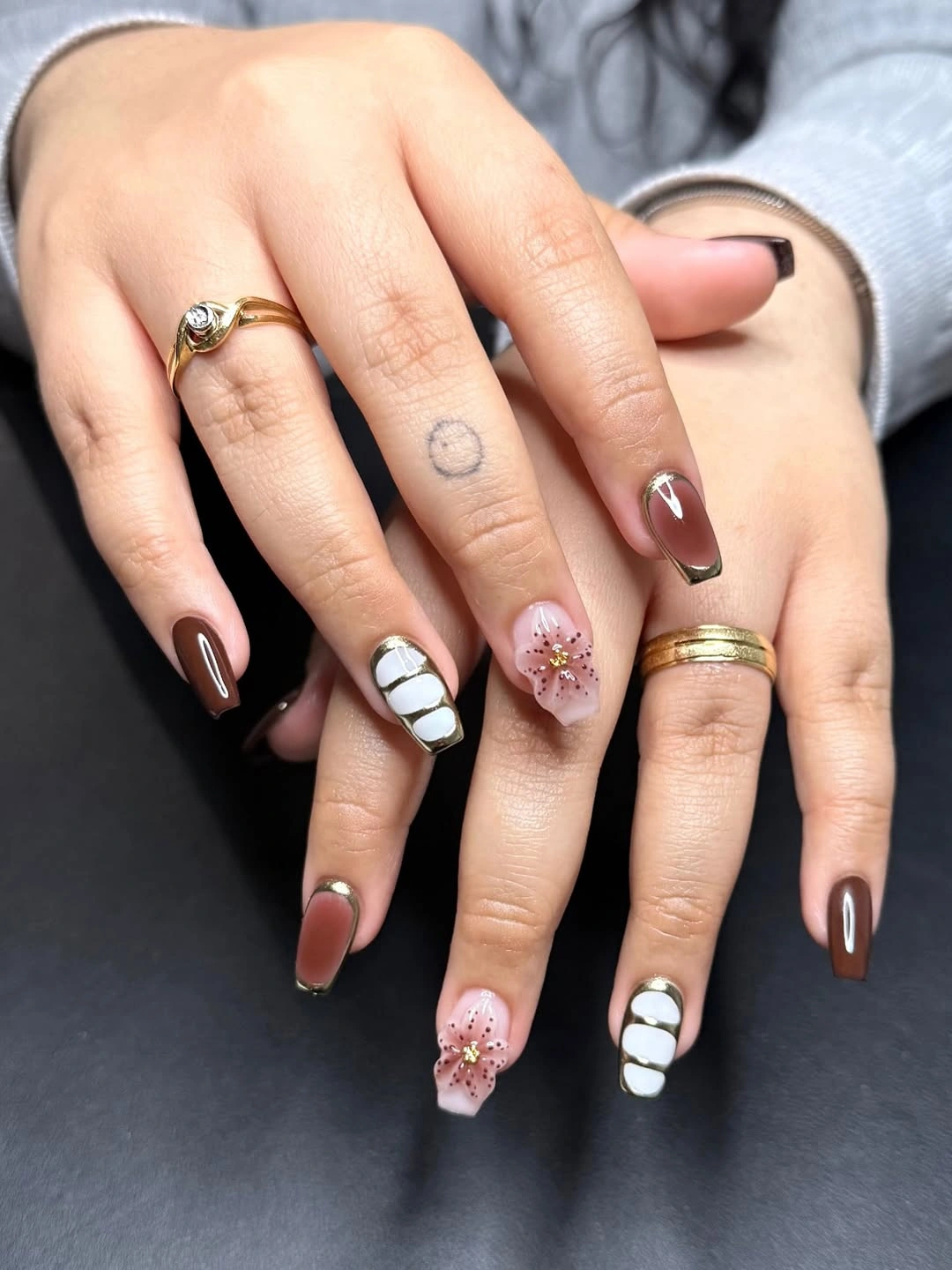 fall short coffin nails designs Chocolate Brown And Floral Coffin Nails