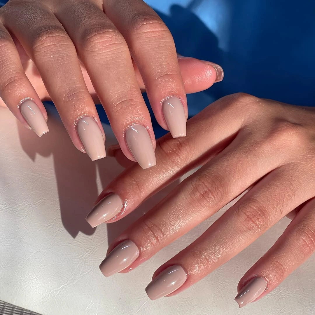 fall short coffin nails designs Milky Nude Coffin Nails With Glitter Cuticles