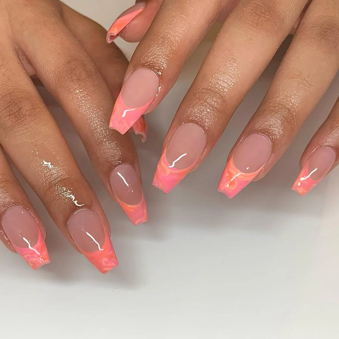 fall short coffin nails designs Coral Marble French Tips For A Playful Fall Accent