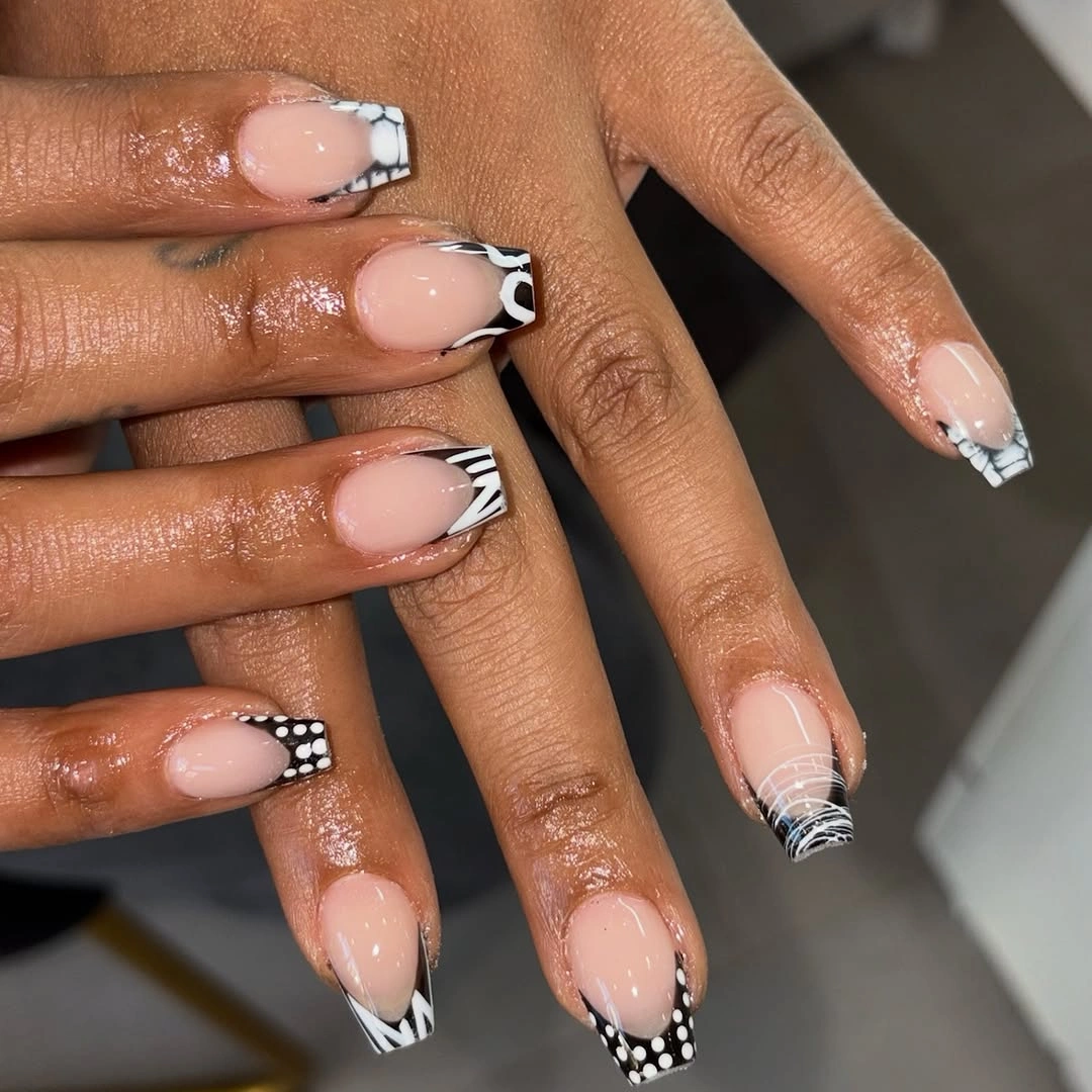 fall short coffin nails designs Black And White Graphic French Tips