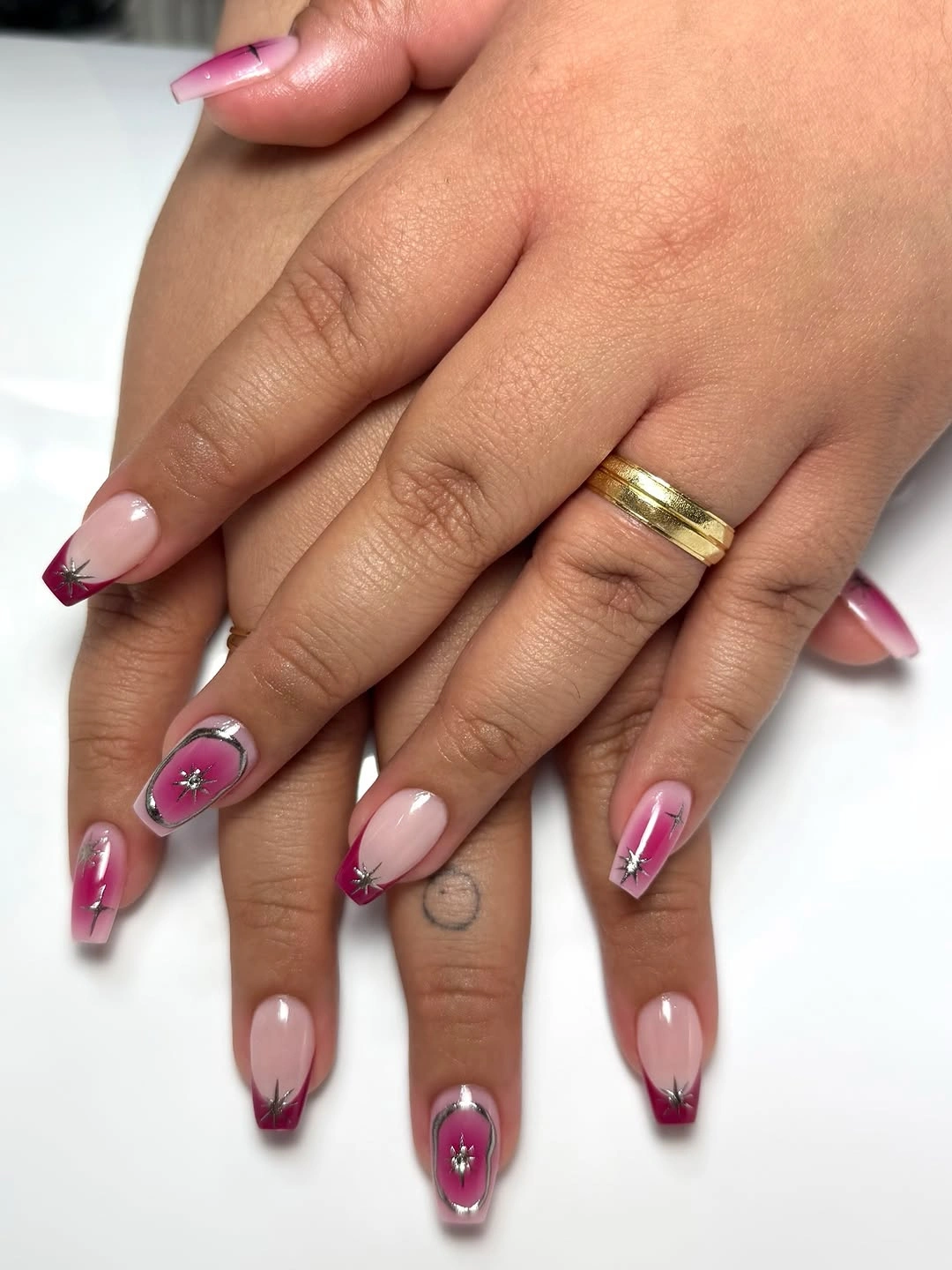 fall short coffin nails designs Berry Pink Tips With Tiny Starburst Details