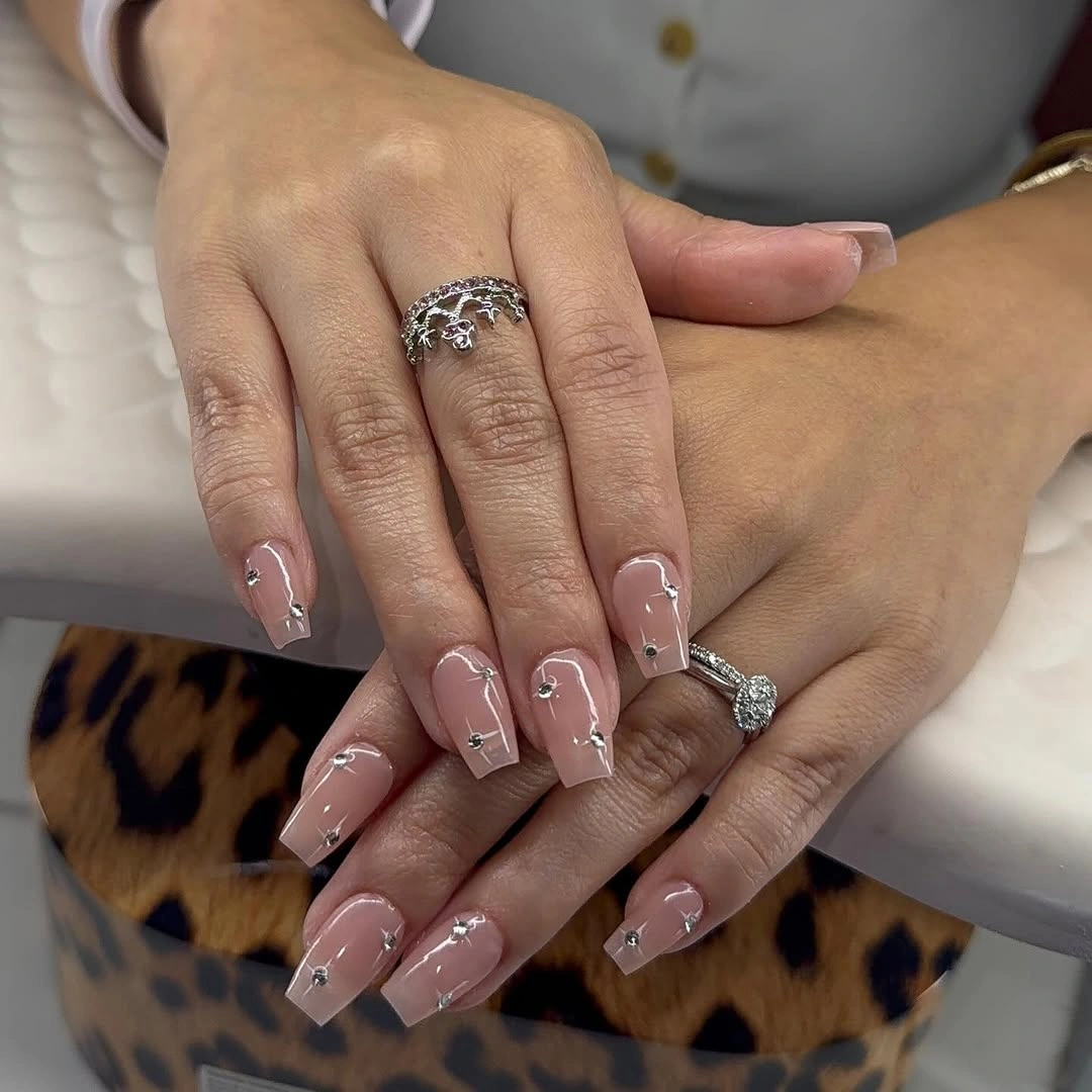 fall short coffin nails designs Sheer Nude Coffin Nails With Crystal Accents