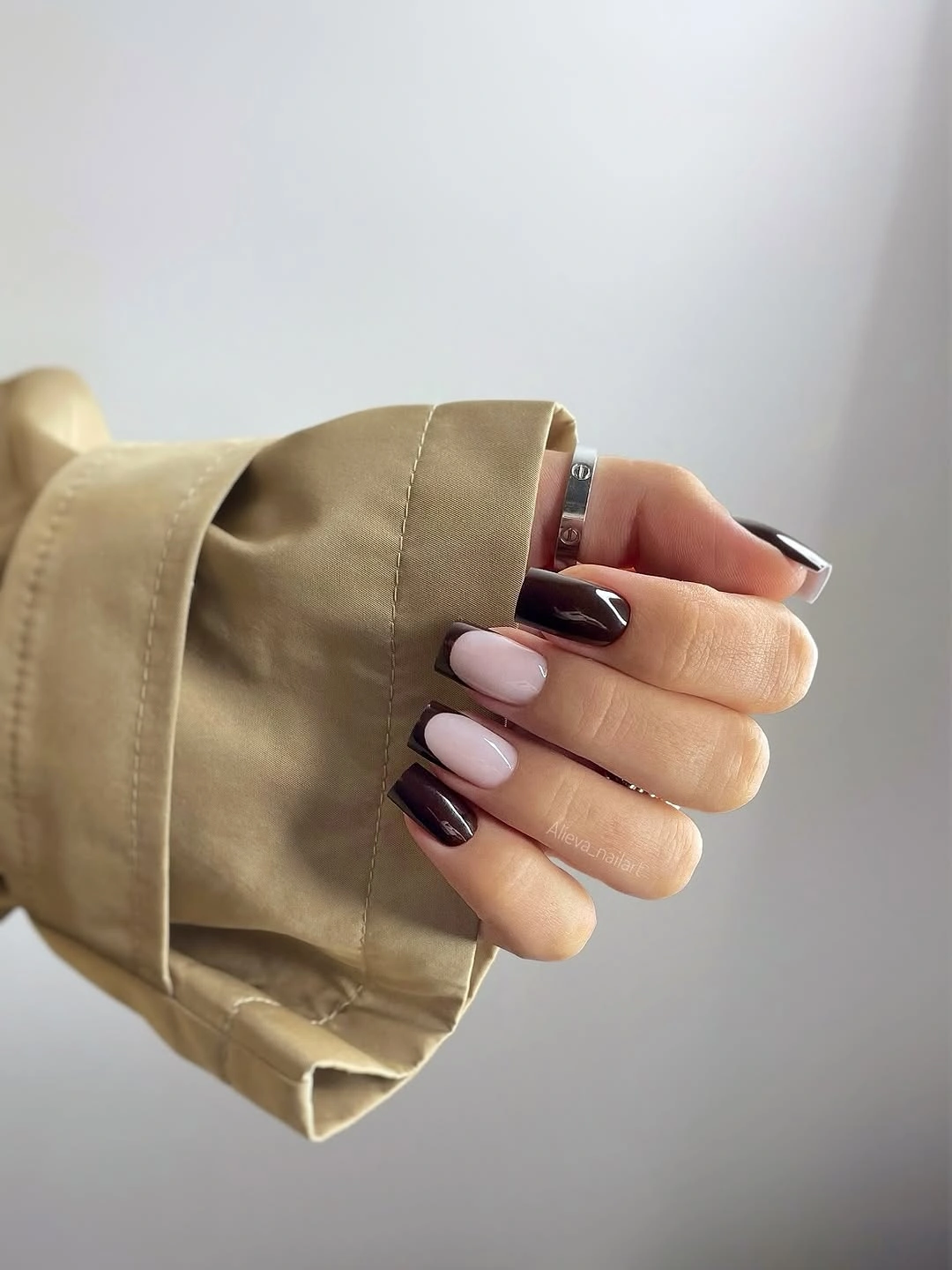 fall short coffin nails designs Espresso And Blush French Tips