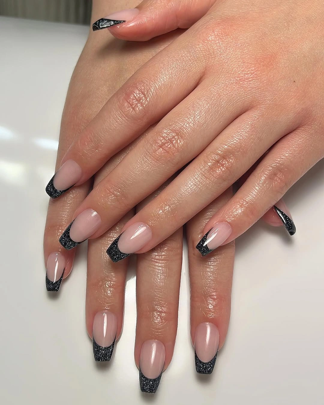fall short coffin nails designs Black Glitter French Coffin Nails